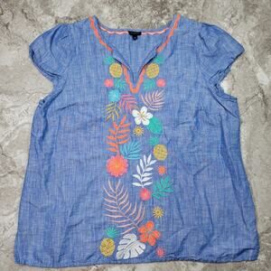 Women Large Top Linen Blend Chambray Short Sleeve Blue Embroidery Floral Boho